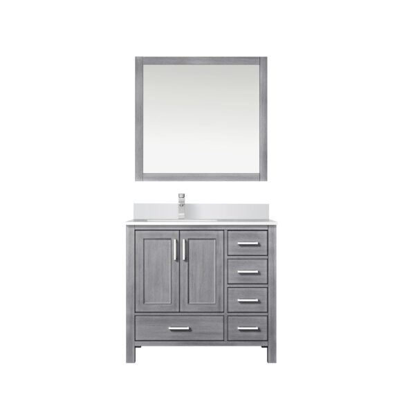 Jacques 36 in. W x 22 in. D Left Offset Distressed Grey Bath Vanity, Cultured Marble Top, Faucet Set, and 34 in. Mirror