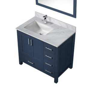 Jacques 36 in. W x 22 in. D Left Offset Navy Blue Bath Vanity, Carrara Marble Top, Faucet Set, and 34 in. Mirrors