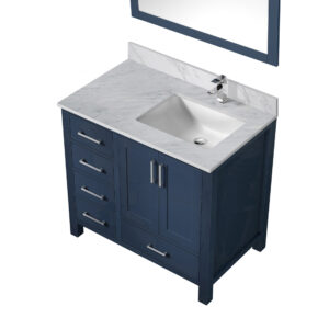 Jacques 36 in. W x 22 in. D Right Offset Navy Blue Bath Vanity, Carrara Marble Top, Faucet Set, and 34 in. Mirrors