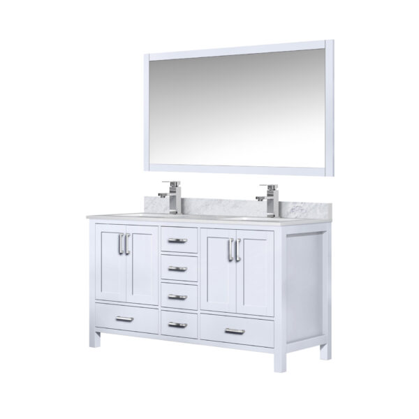 Jacques 60 in. W x 22 in. D White Double Bath Vanity, Carrara Marble Top, Faucet Set, and 58 in. Mirror