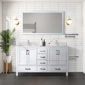 Jacques 60 in. W x 22 in. D White Double Bath Vanity and 58 in. Mirror