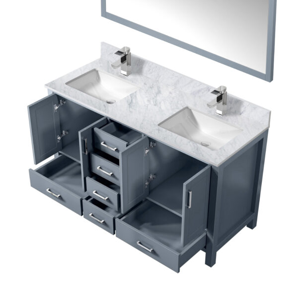 Jacques 60 in. W x 22 in. D Dark Grey Double Bath Vanity, Carrara Marble Top, Faucet Set, and 58 in. Mirror