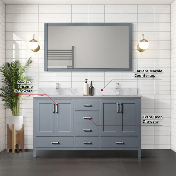 Jacques 60 in. W x 22 in. D Dark Grey Double Bath Vanity and 58 in. Mirror