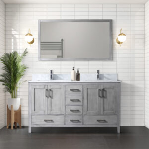 Jacques 60 in. W x 22 in. D Distressed Grey Double Bath Vanity, Carrara Marble Top, Faucet Set, and 58 in. Mirror