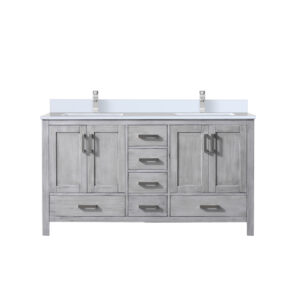 Jacques 60 in. W x 22 in. D Distressed Grey Double Bath Vanity, White Quartz Top, and Faucet Set