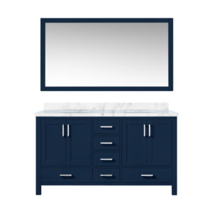 Jacques 60 in. W x 22 in. D Navy Blue Double Bath Vanity, Carrara Marble Top, and 58 in. Mirror