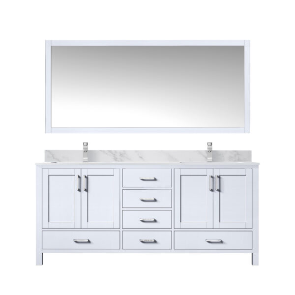 Jacques 72 in. W x 22 in. D White Double Bath Vanity, Carrara Marble Top, Faucet Set, and 28 in. Mirror