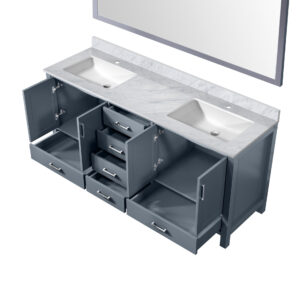 Jacques 72 in. W x 22 in. D Dark Grey Double Bath Vanity, Carrara Marble Top, and 28 in. Mirror