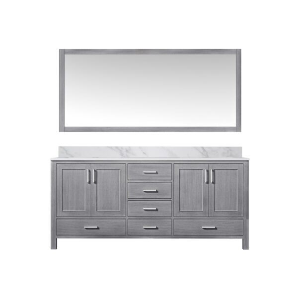 Jacques 72 in. W x 22 in. D Distressed Grey Double Bath Vanity, Carrara Marble Top, and 28 in. Mirror