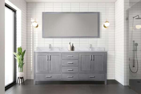 Jacques 72 in. W x 22 in. D Distressed Grey Double Bath Vanity, Carrara Marble Top, Faucet Set, and 28 in. Mirror