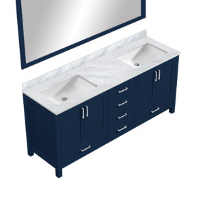 Jacques 72 in. W x 22 in. D Navy Blue Double Bath Vanity, Carrara Marble Top, and 28 in. Mirror