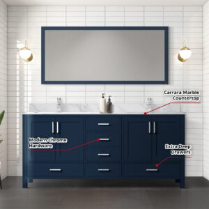 Jacques 72 in. W x 22 in. D Navy Blue Double Bath Vanity and 28 in. Mirror