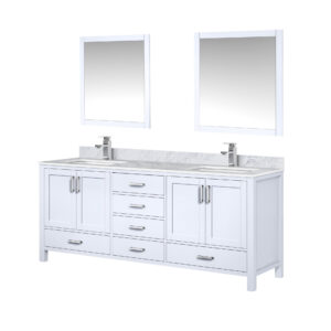 Jacques 80 in. W x 22 in. D White Double Bath Vanity, Carrara Marble Top, Faucet Set, and 30 in. Mirrors