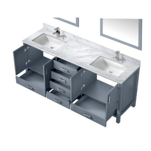 Jacques 80 in. W x 22 in. D Dark Grey Double Bath Vanity, Carrara Marble Top, Faucet Set, and 30 in. Mirrors