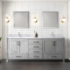 Jacques 80 in. W x 22 in. D Distressed Grey Double Bath Vanity, Carrara Marble Top, Faucet Set, and 30 in. Mirrors