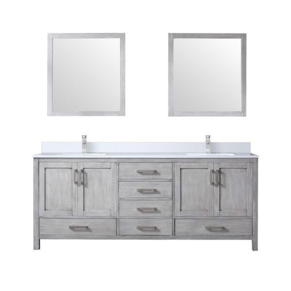 Jacques 80 in. W x 22 in. D Distressed Grey Bath Vanity, Cultured Marble Top, Faucet Set, and 30 in. Mirror