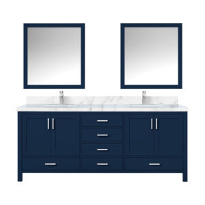 Jacques 80 in. W x 22 in. D Navy Blue Double Bath Vanity, Carrara Marble Top, Faucet Set, and 30 in. Mirrors