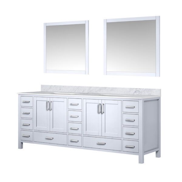 Jacques 84 in. W x 22 in. D White Double Bath Vanity, Carrara Marble Top, and 34 in. Mirrors