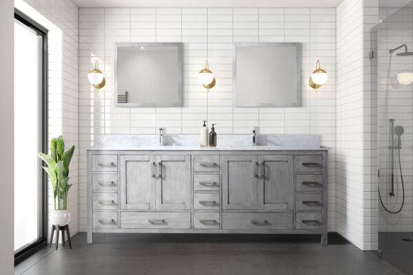 Jacques 84 in. W x 22 in. D Distressed Grey Double Bath Vanity, Carrara Marble Top, Faucet Set, and 34 in. Mirrors