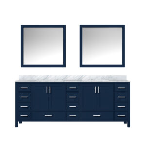 Jacques 84 in. W x 22 in. D Navy Blue Double Bath Vanity, Carrara Marble Top, and 34 in. Mirrors