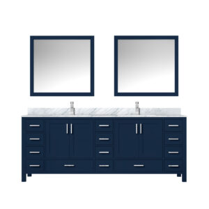 Jacques 84 in. W x 22 in. D Navy Blue Double Bath Vanity, Carrara Marble Top, Faucet Set, and 34 in. Mirrors