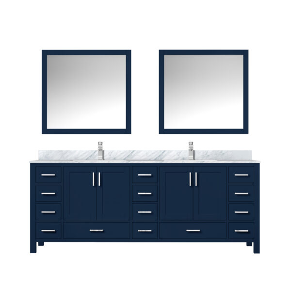 Jacques 84 in. W x 22 in. D Navy Blue Double Bath Vanity, Carrara Marble Top, Faucet Set, and 34 in. Mirrors