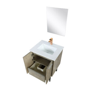 Lancy 24W x 20D Rustic Acacia Bath Vanity, Cultured Marble Top, Rose Gold Faucet Set and 18Mirror