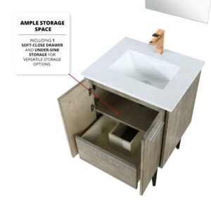 Lancy 24W x 20D Rustic Acacia Bath Vanity, Cultured Marble Top and Brushed Nickel Faucet Set