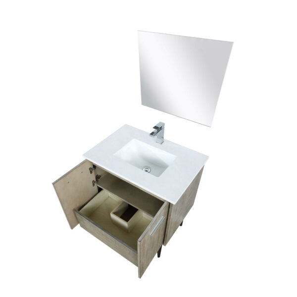 Lancy 30W x 20D Rustic Acacia Bath Vanity, Cultured Marble Top, Chrome Faucet Set and 28Mirror