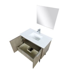 Lancy 36W x 20D Rustic Acacia Bath Vanity, Cultured Marble Top, Chrome Faucet Set and 28Mirror