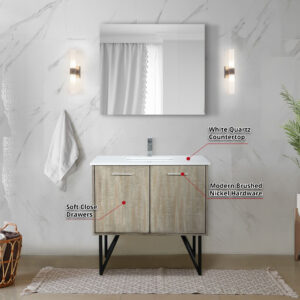 Lancy 36W x 20D Rustic Acacia Bath Vanity, White Quartz Top and Chrome Faucet Set