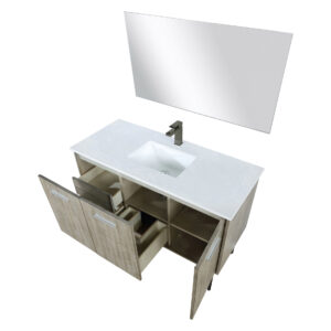 Lancy 48W x 20D Rustic Acacia Bath Vanity, Cultured Marble Top, Gun Metal Faucet Set and 43Mirror