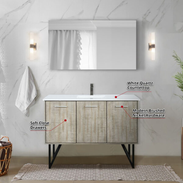 Lancy 48W x 20D Rustic Acacia Bath Vanity, White Quartz Top and Gun Metal Faucet Set