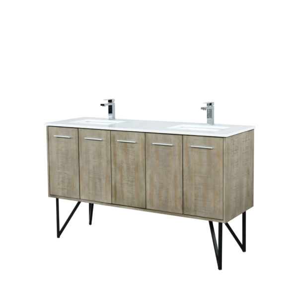 Lancy 60W x 20D Rustic Acacia Double Bath Vanity, Cultured Marble Top and Chrome Faucet Set