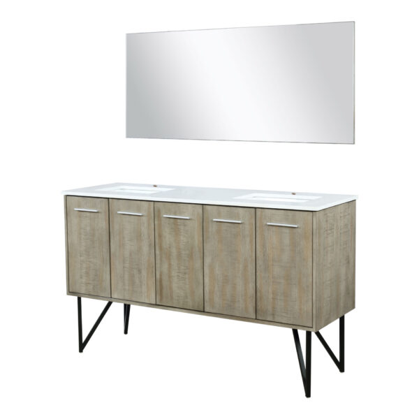 Lancy 60W x 20D Rustic Acacia Double Bath Vanity, White Quartz Top and 55Mirror