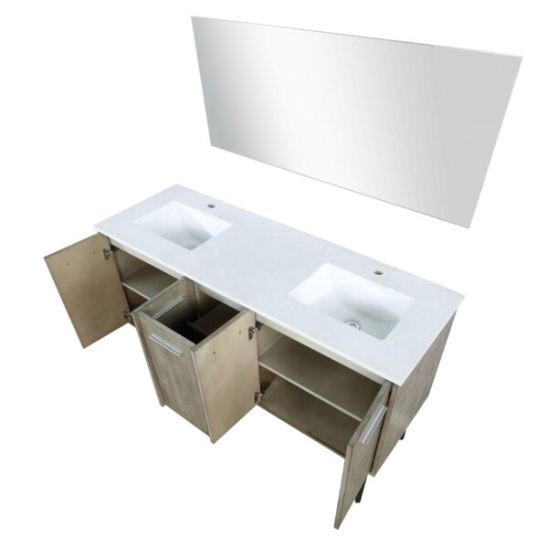 Lancy 60W x 20D Rustic Acacia Double Bath Vanity, White Quartz Top and 55Mirror