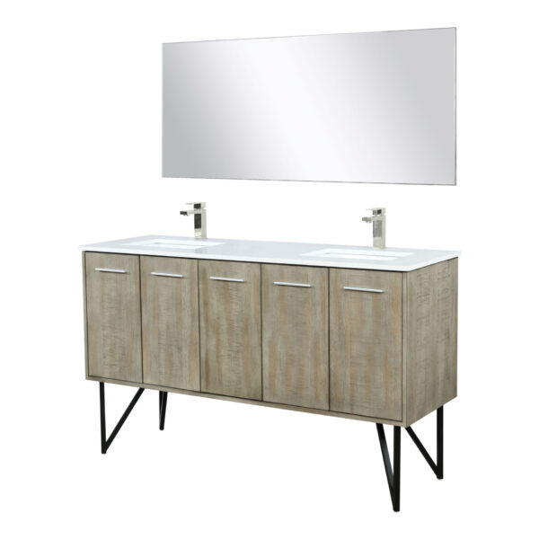 Lancy 60W x 20D Rustic Acacia Double Bath Vanity, Cultured Marble Top, Brushed Nickel Faucet Set and 55Mirror