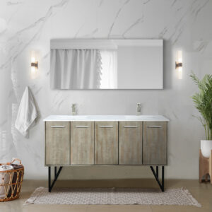 Lancy 60W x 20D Rustic Acacia Double Bath Vanity, Cultured Marble Top and Brushed Nickel Faucet Set