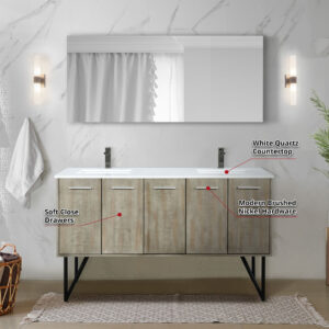 Lancy 60W x 20D Rustic Acacia Double Bath Vanity, White Quartz Top and Gun Metal Faucet Set