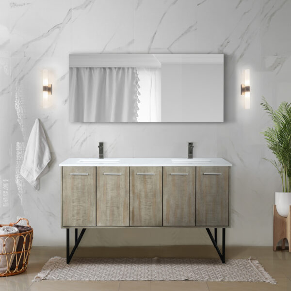 Lancy 60W x 20D Rustic Acacia Double Bath Vanity, Cultured Marble Top and Gun Metal Faucet Set