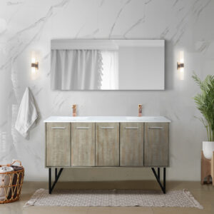 Lancy 60W x 20D Rustic Acacia Double Bath Vanity, Cultured Marble Top and Rose Gold Faucet Set