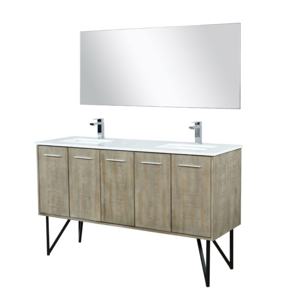 Lancy 60W x 20D Rustic Acacia Double Bath Vanity, Cultured Marble Top, Rose Gold Faucet Set and 55Mirror