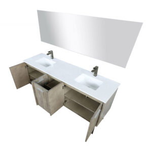 Lancy 72W x 20D Rustic Acacia Double Bath Vanity, Cultured Marble Top, Gun Metal Faucet Set and 70Mirror