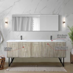 Lancy 80W x 20D Rustic Acacia Double Bath Vanity, White Quartz Top and Gun Metal Faucet Set