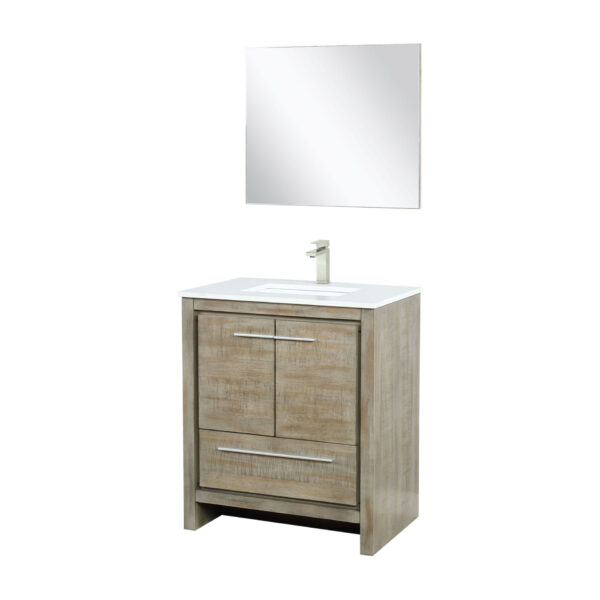 Lafarre 30W x 20D Rustic Acacia Bath Vanity, Cultured Marble Top, Brushed Nickel Faucet Set and 28Mirror