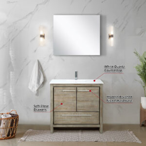 Lafarre 36W x 20D Rustic Acacia Bath Vanity, White Quartz Top, Chrome Faucet Set and 28Mirror