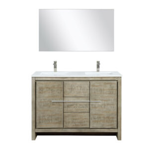 Lafarre 48W x 20D Rustic Acacia Double Bath Vanity, Cultured Marble Top, Brushed Nickel Faucet Set and 43Mirror