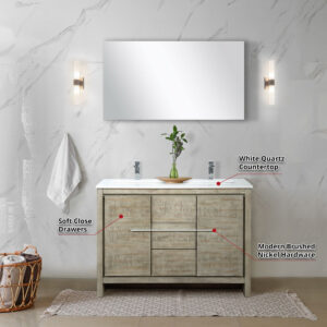 Lafarre 48W x 20D Rustic Acacia Double Bath Vanity, White Quartz Top and Gun Metal Faucet Set