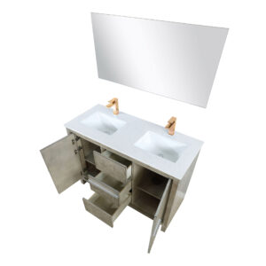 Lafarre 48W x 20D Rustic Acacia Double Bath Vanity, Cultured Marble Top, Rose Gold Faucet Set and 43Mirror