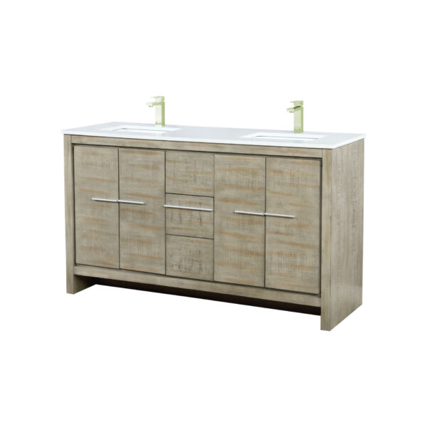 Lafarre 60W x 20D Rustic Acacia Double Bath Vanity, Cultured Marble Top and Brushed Nickel Faucet Set